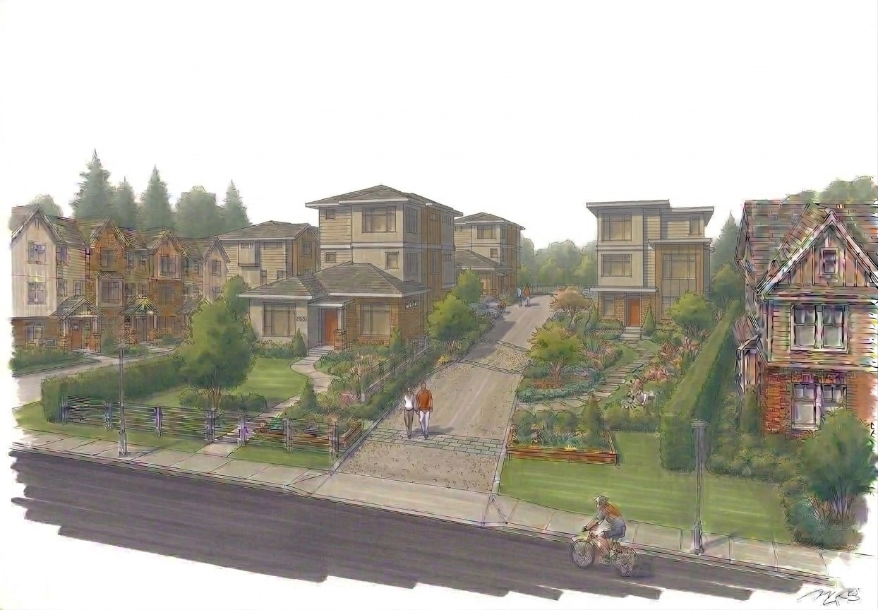 Illustrative concept rendering of townhomes along a landscaped residential street